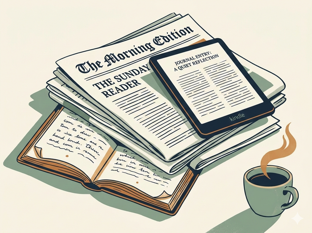 Stack of newspapers and journals with a Kindle device outline