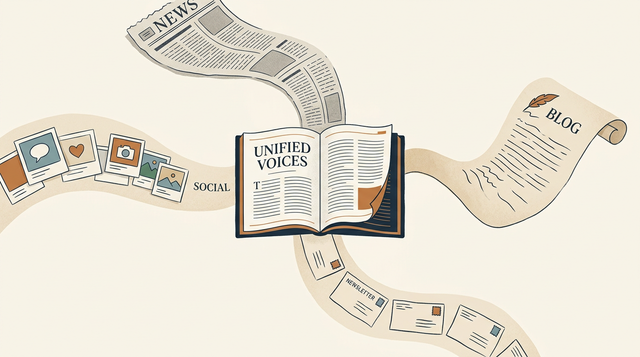 Multiple content sources (news, blogs, newsletters) flowing into a unified journal