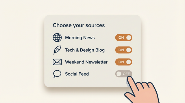 Checklist interface with selected sources: news, blogs, newsletters